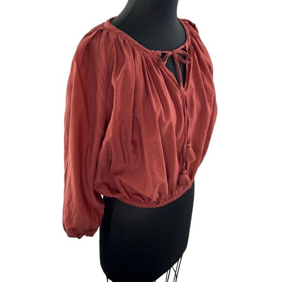 J. CREW Chimney Brown Cotton Blend Puff Sleeve Tassel Tie-Front Crop Top Size S - Picture 4 of 9